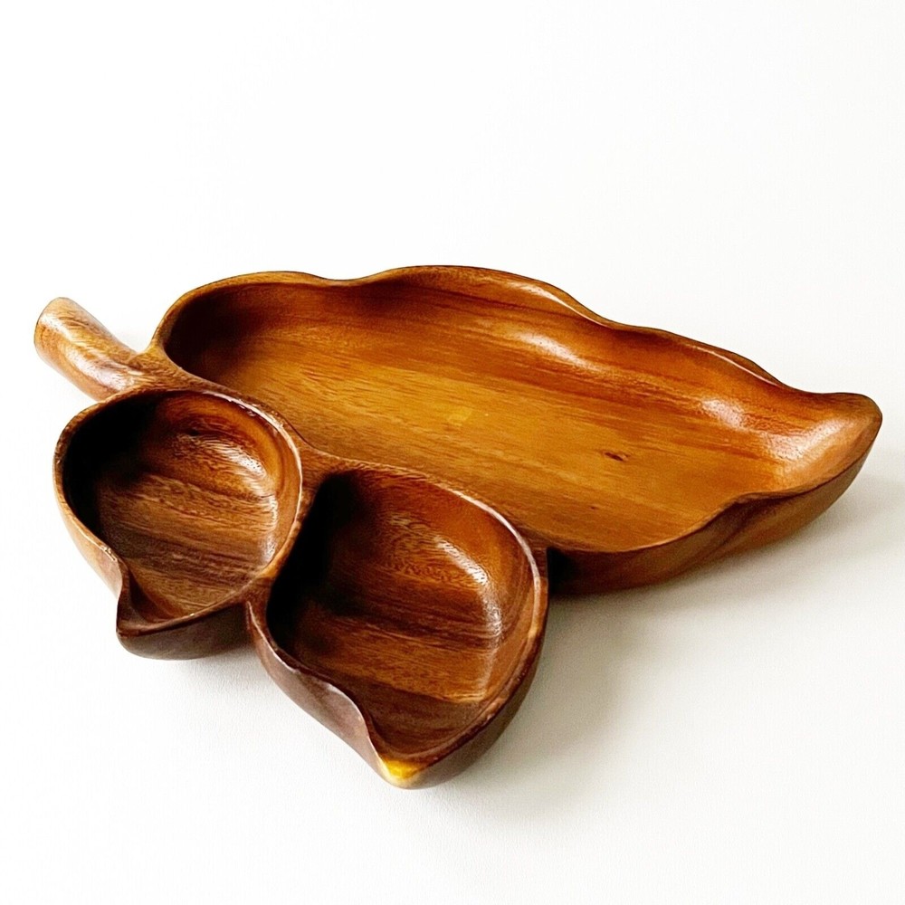 Leaf Carved Tray Monkey Pod Woods of Hawaii 3 Section Divided Serving Dish Vtg